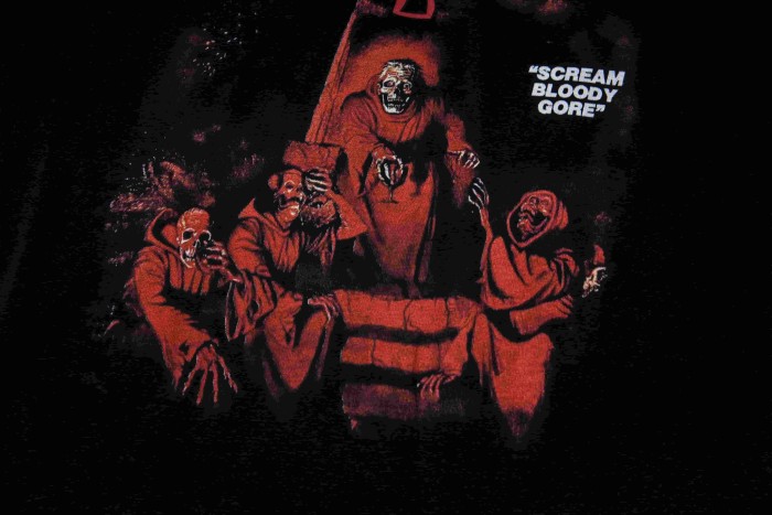 Red Hue Grim Reaper Group Portrait Gothic Death Letter Front Large Orange Bold Block Slogan Print Tee 29303887