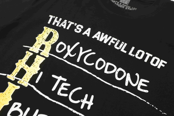 Vertical Stacked Pharmacy Words Front Large Faded Gold Block Letter Slogan Print Tee 29303867