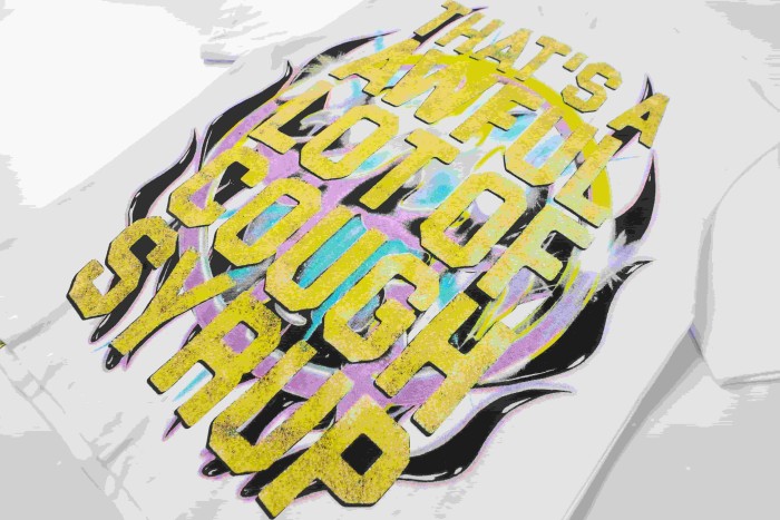 Neon Gradient Skull Syrup Cup Yellow Block Letter Flame Border Slogan Double Sided Print Tee 2 colors 29303958