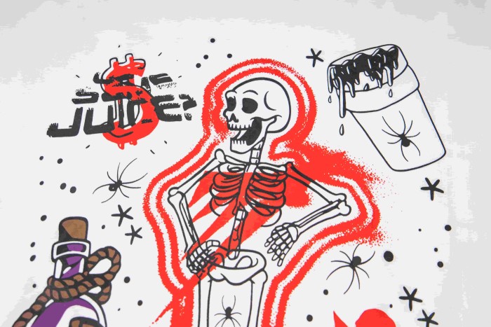 Red Neon Outline Skeleton Cupid Angel Actavis Cough Syrup Bottle Spider Multi Element Combo Graphic Tee 29303909