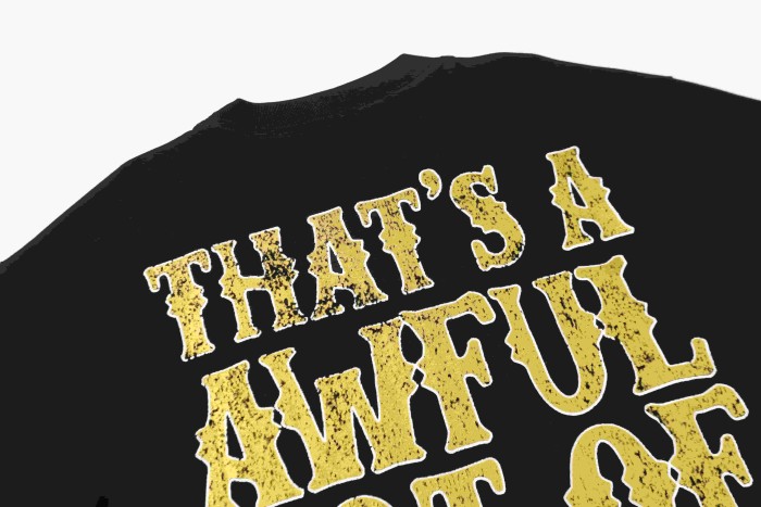 Vertical Stacked Pharmacy Words Front Large Faded Gold Block Letter Slogan Print Tee 29303867