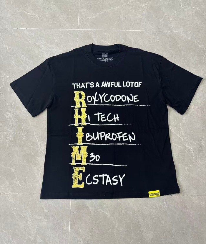 Vertical Stacked Pharmacy Words Front Large Faded Gold Block Letter Slogan Print Tee 29303867