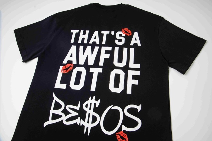Lip Print Decorated Front Small Text Back Stacked Bold Letter Cursive Word Print Tee 29303861