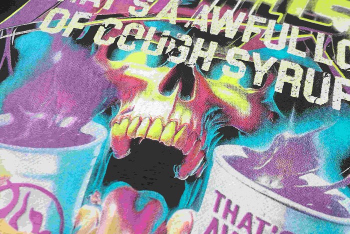 Neon Gradient Skull Syrup Cup Yellow Block Letter Flame Border Slogan Double Sided Print Tee 2 colors 29303958