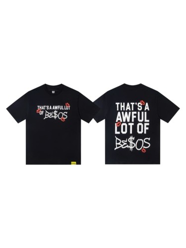Lip Print Decorated Front Small Text Back Stacked Bold Letter Cursive Word Print Tee 29303861