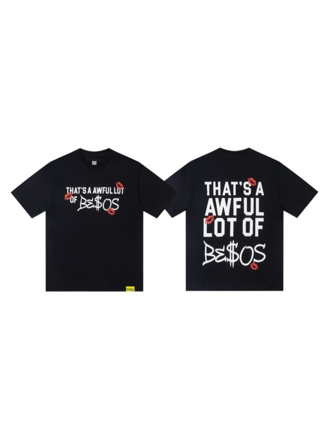 Lip Print Decorated Front Small Text Back Stacked Bold Letter Cursive Word Print Tee 29303861