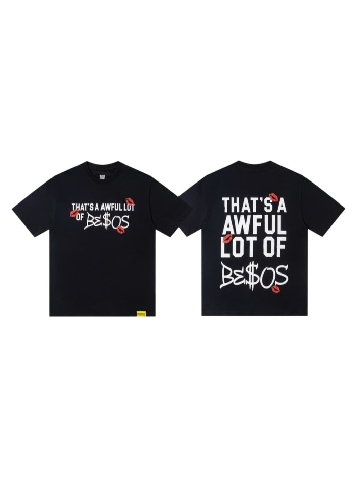 Lip Print Decorated Front Small Text Back Stacked Bold Letter Cursive Word Print Tee 29303861
