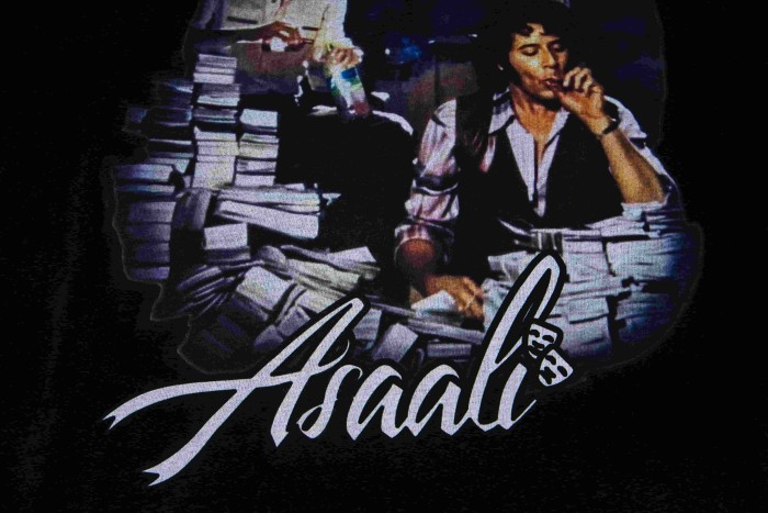 Movie Scene Two Characters Stacked Cash Portrait Photo Asaali Cursive Signature Contrast Double Slogan Tee 29303852