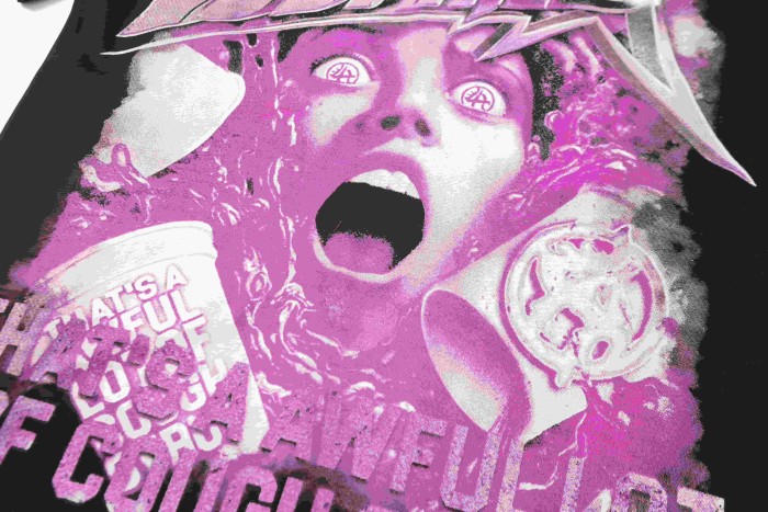 Screaming Horror Portrait Distressed Bottom Text Front Pink Circular Ring Demon Silhouette Graphic Print Tee 2 colors 29303988
