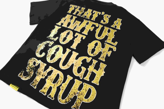 Vertical Stacked Pharmacy Words Front Large Faded Gold Block Letter Slogan Print Tee 29303867