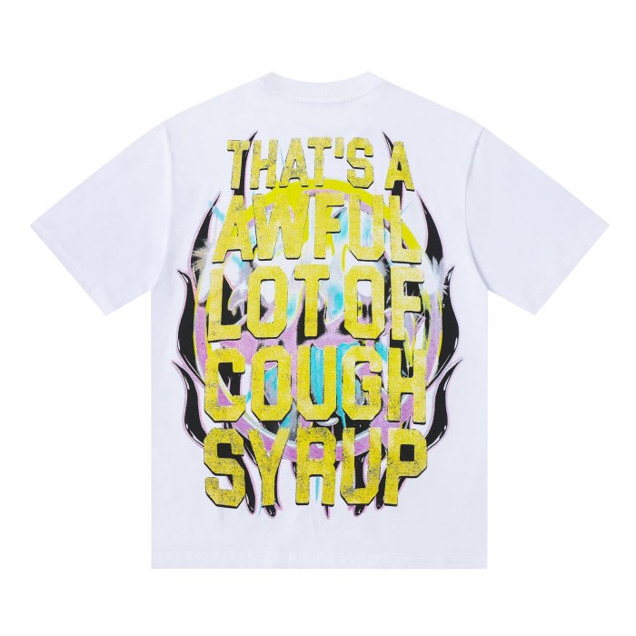 Neon Gradient Skull Syrup Cup Yellow Block Letter Flame Border Slogan Double Sided Print Tee 2 colors 29303958