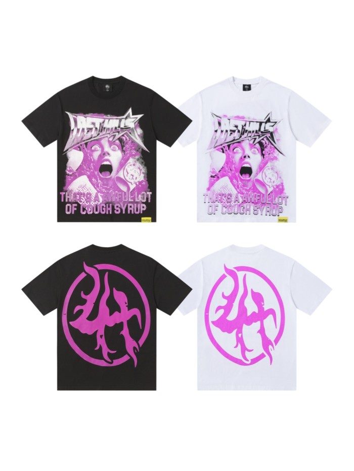 Screaming Horror Portrait Distressed Bottom Text Front Pink Circular Ring Demon Silhouette Graphic Print Tee 2 colors 29303988
