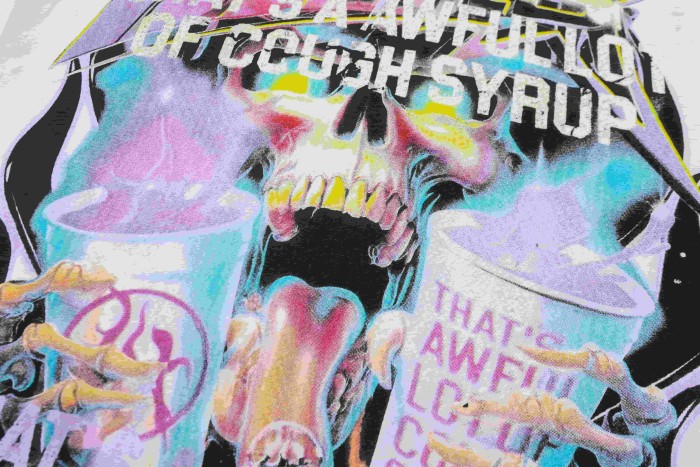 Neon Gradient Skull Syrup Cup Yellow Block Letter Flame Border Slogan Double Sided Print Tee 2 colors 29303958
