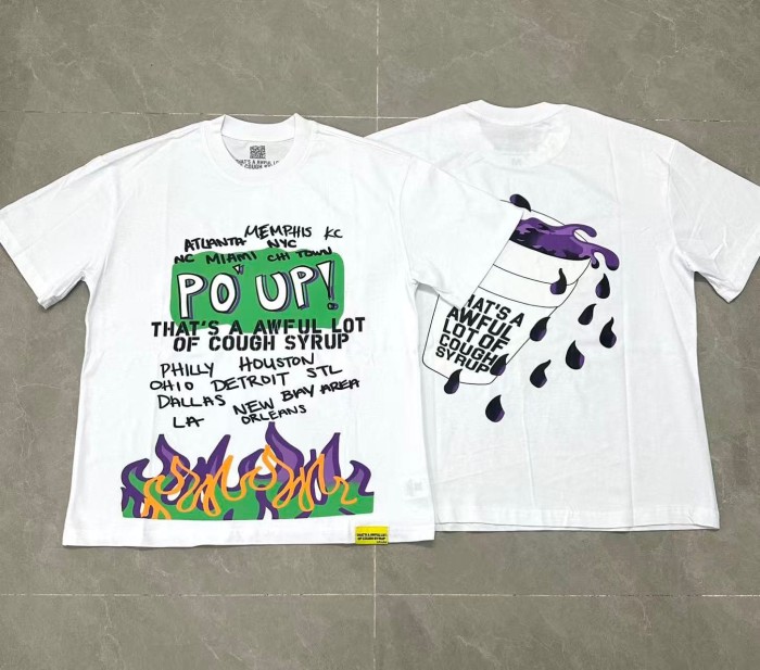 PO' UP US City Name List Green Box Text Gradient Flame Front Purple Syrup Dripping Disposable Cup Print Tee 2 colors 29303911