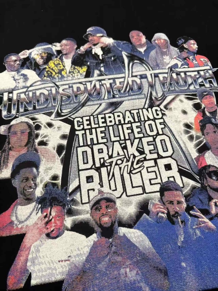 Rapper Collage Portrait Tribute Drakeo The Ruler Undisputed Truth Gothic Letter Text Single Side Print Tee 29303792