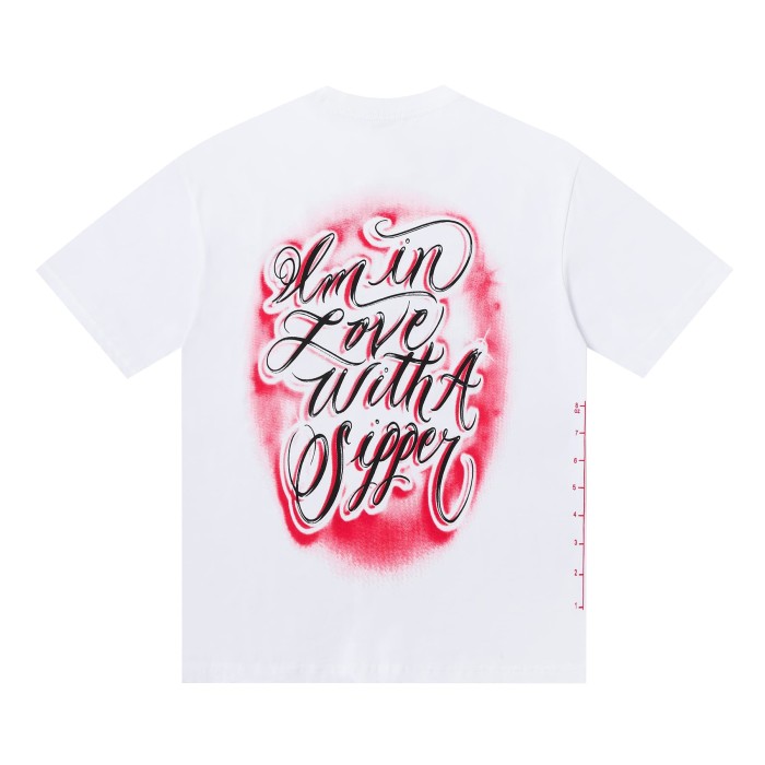 Tattoo Cursive Script Letter Airbrush Spray Paint Red Gradient Fading Motif Tee 29303810