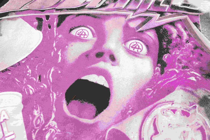Screaming Horror Portrait Distressed Bottom Text Front Pink Circular Ring Demon Silhouette Graphic Print Tee 2 colors 29303988
