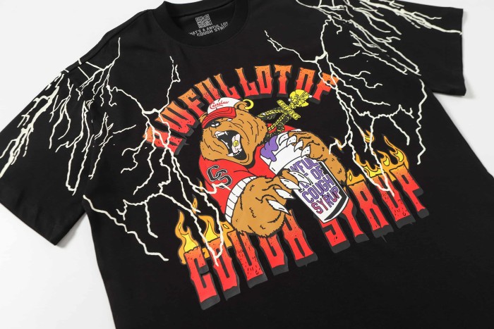 Bear Holding Syrup Cup Flame Outline Arch Letter Front Orange Red Gradient 3D Block Letter Slogan Print Tee 29303918