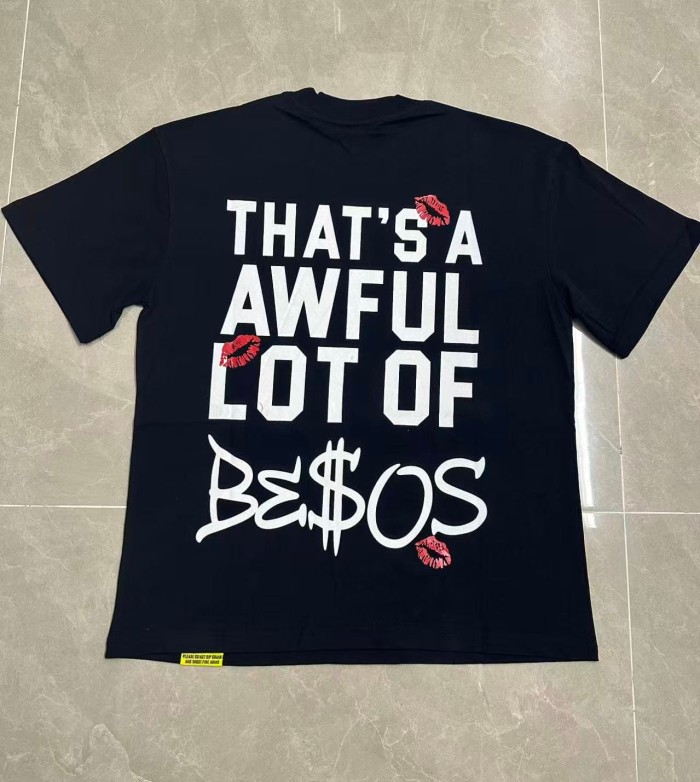 Lip Print Decorated Front Small Text Back Stacked Bold Letter Cursive Word Print Tee 29303861