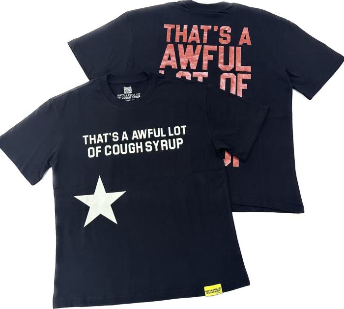 Five Pointed Star Accent Small Font Text Front Large Bold Red Stacked Block Letter Print Tee 29303859