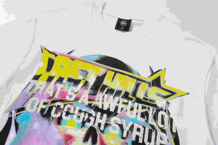 Neon Gradient Skull Syrup Cup Yellow Block Letter Flame Border Slogan Double Sided Print Tee 2 colors 29303958