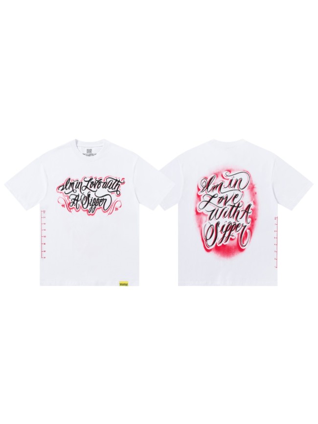 Tattoo Cursive Script Letter Airbrush Spray Paint Red Gradient Fading Motif Tee 29303810