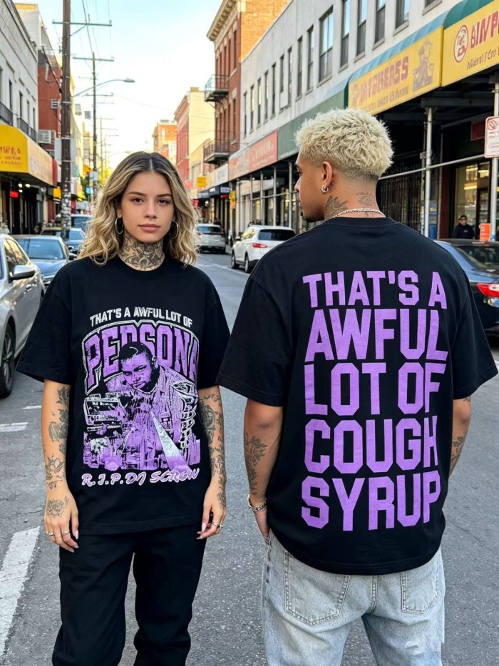 Purple Faded Grainy DJ Screw Tribute RIP Memorial Persona Gothic Font Portrait Graphic Print Tee 29303823