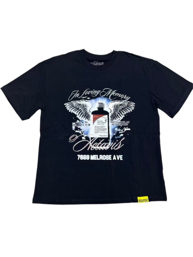 Tribute Memorial Cursive Script Angel Wing Bottle Graphic Back Blue Block Letter Overlay Graffiti Tee 29303858