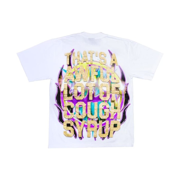 Neon Gradient Skull Syrup Cup Yellow Block Letter Flame Border Slogan Double Sided Print Tee 2 colors 29303958