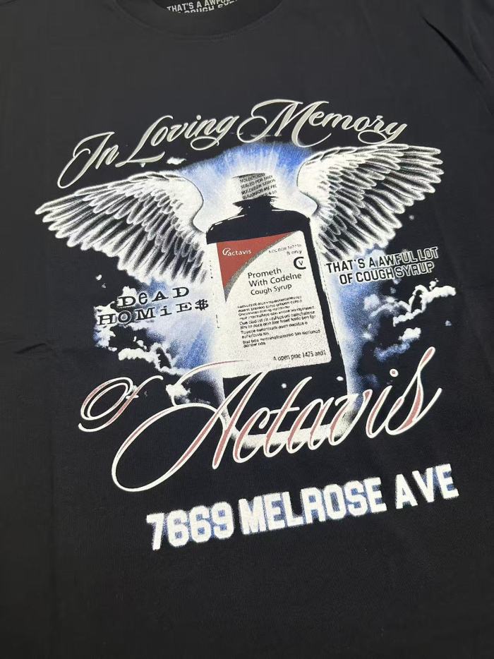 Tribute Memorial Cursive Script Angel Wing Bottle Graphic Back Blue Block Letter Overlay Graffiti Tee 29303858