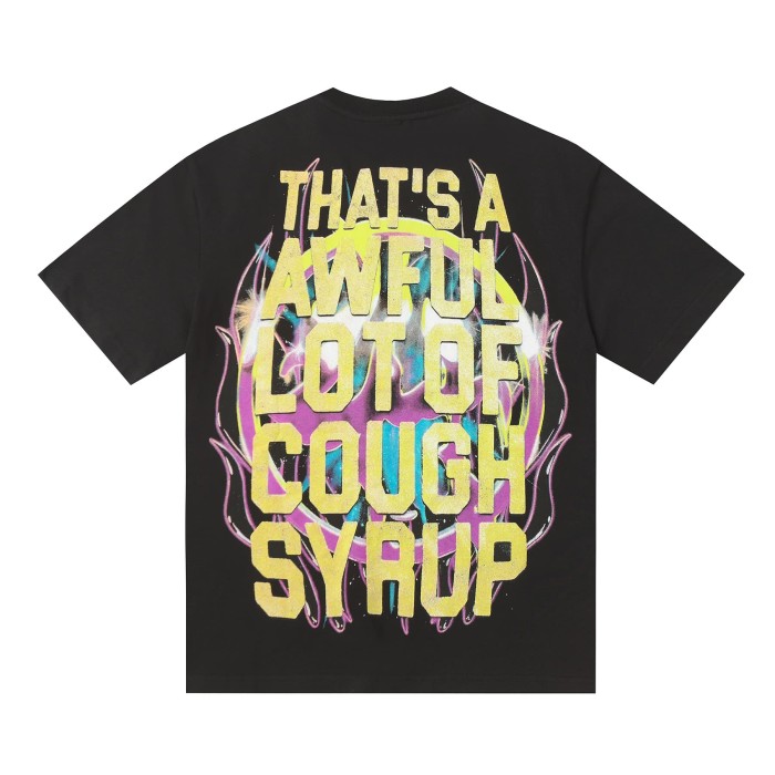 Neon Gradient Skull Syrup Cup Yellow Block Letter Flame Border Slogan Double Sided Print Tee 2 colors 29303958