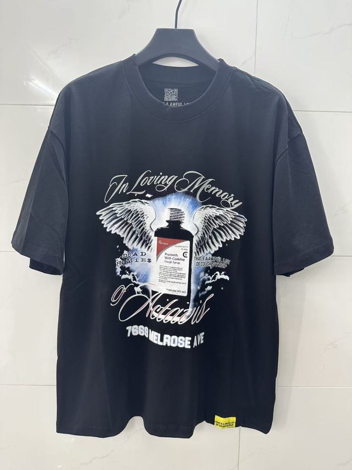 Tribute Memorial Cursive Script Angel Wing Bottle Graphic Back Blue Block Letter Overlay Graffiti Tee 29303858