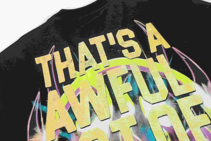 Neon Gradient Skull Syrup Cup Yellow Block Letter Flame Border Slogan Double Sided Print Tee 2 colors 29303958
