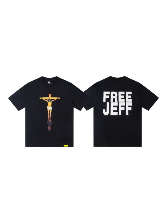 Jesus Crucifix Portrait Front Large Bold Block Letter FREE JEFF Back Double Sided Print Tee 29303891