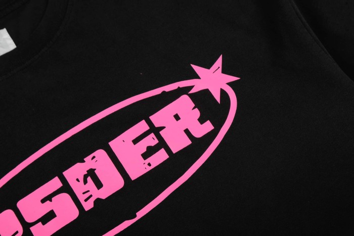 Hot Pink Letter Inside Oval Outline Five Point Star Accent Front Single Chest Print T-Shirt 29304180