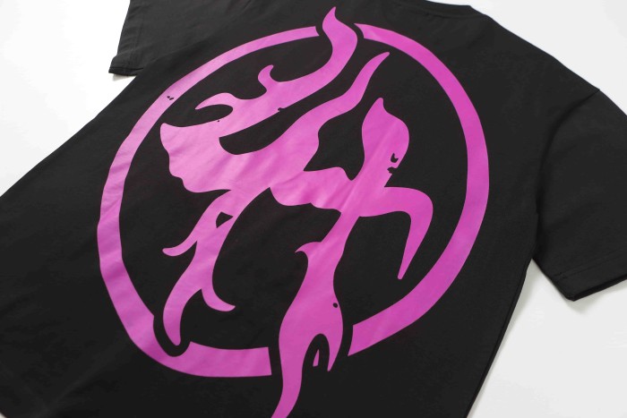Screaming Horror Portrait Distressed Bottom Text Front Pink Circular Ring Demon Silhouette Graphic Print Tee 2 colors 29303988