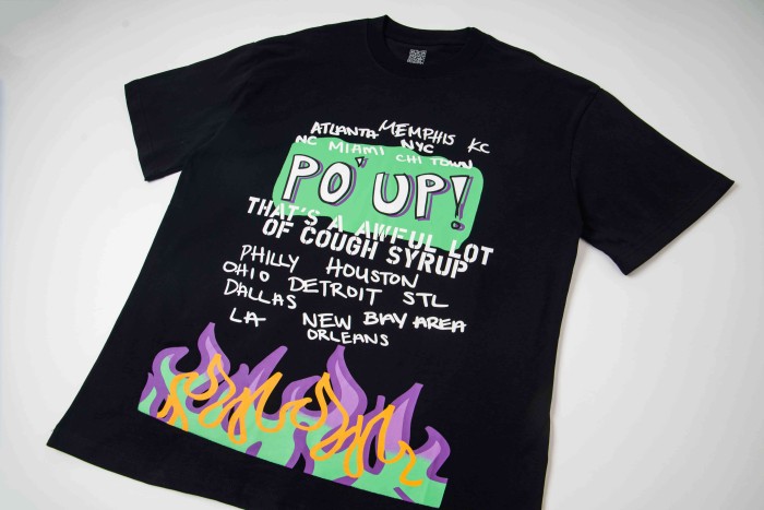 PO' UP US City Name List Green Box Text Gradient Flame Front Purple Syrup Dripping Disposable Cup Print Tee 2 colors 29303911