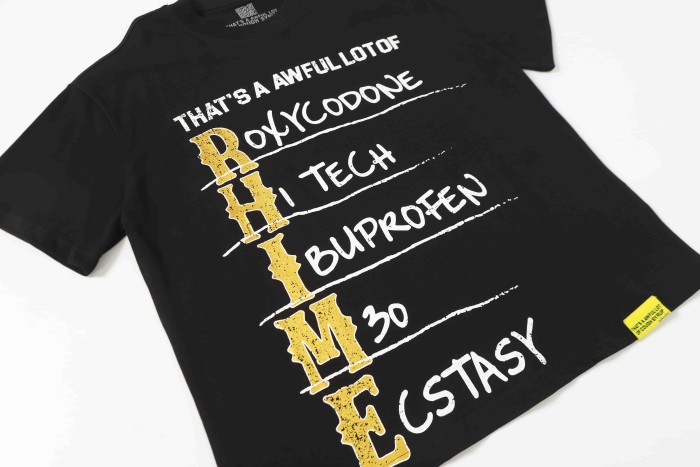 Vertical Stacked Pharmacy Words Front Large Faded Gold Block Letter Slogan Print Tee 29303867