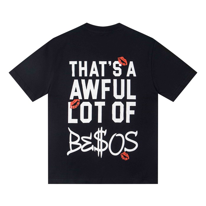 Lip Print Decorated Front Small Text Back Stacked Bold Letter Cursive Word Print Tee 29303861