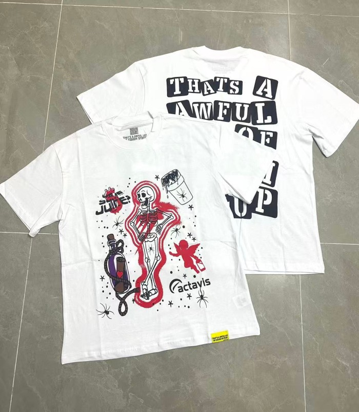 Red Neon Outline Skeleton Cupid Angel Actavis Cough Syrup Bottle Spider Multi Element Combo Graphic Tee 29303909