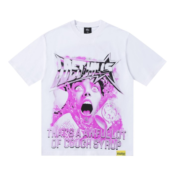 Screaming Horror Portrait Distressed Bottom Text Front Pink Circular Ring Demon Silhouette Graphic Print Tee 2 colors 29303988