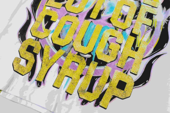 Neon Gradient Skull Syrup Cup Yellow Block Letter Flame Border Slogan Double Sided Print Tee 2 colors 29303958