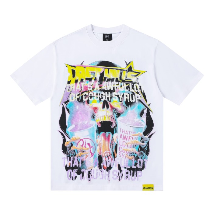 Neon Gradient Skull Syrup Cup Yellow Block Letter Flame Border Slogan Double Sided Print Tee 2 colors 29303958
