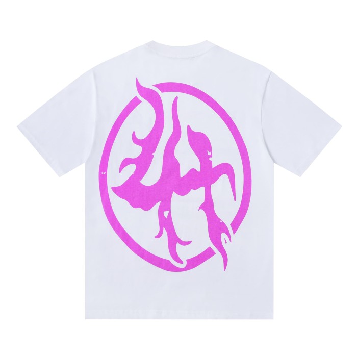 Screaming Horror Portrait Distressed Bottom Text Front Pink Circular Ring Demon Silhouette Graphic Print Tee 2 colors 29303988