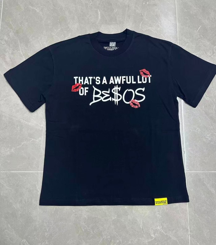 Lip Print Decorated Front Small Text Back Stacked Bold Letter Cursive Word Print Tee 29303861