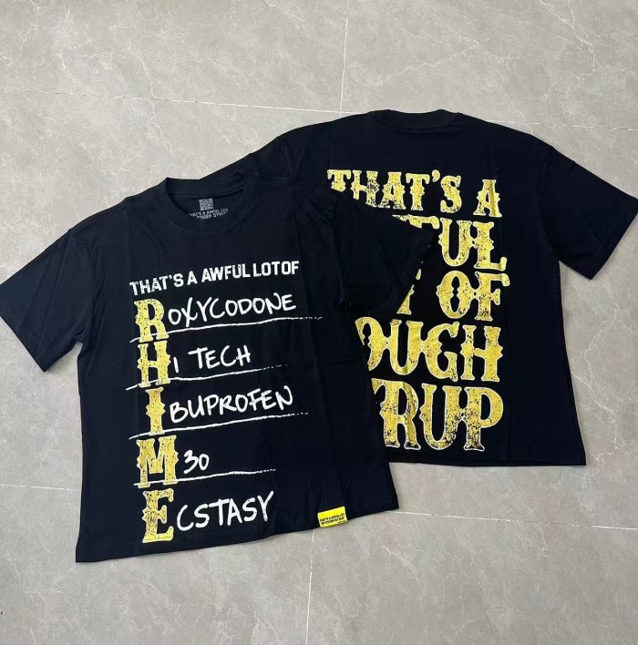 Vertical Stacked Pharmacy Words Front Large Faded Gold Block Letter Slogan Print Tee 29303867
