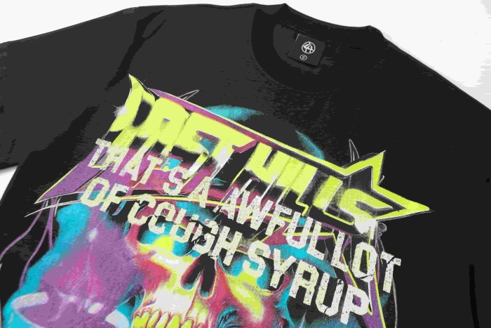 Neon Gradient Skull Syrup Cup Yellow Block Letter Flame Border Slogan Double Sided Print Tee 2 colors 29303958