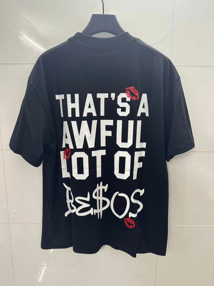 Lip Print Decorated Front Small Text Back Stacked Bold Letter Cursive Word Print Tee 29303861