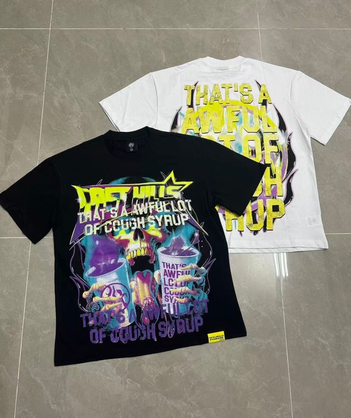 Neon Gradient Skull Syrup Cup Yellow Block Letter Flame Border Slogan Double Sided Print Tee 2 colors 29303958