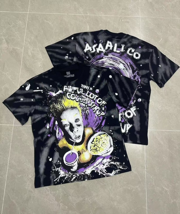 Trippy Purple Liquid Splash Vortex Graphic Two Sided Print Black Spiral Tie Dye Unisex Tee 29303783